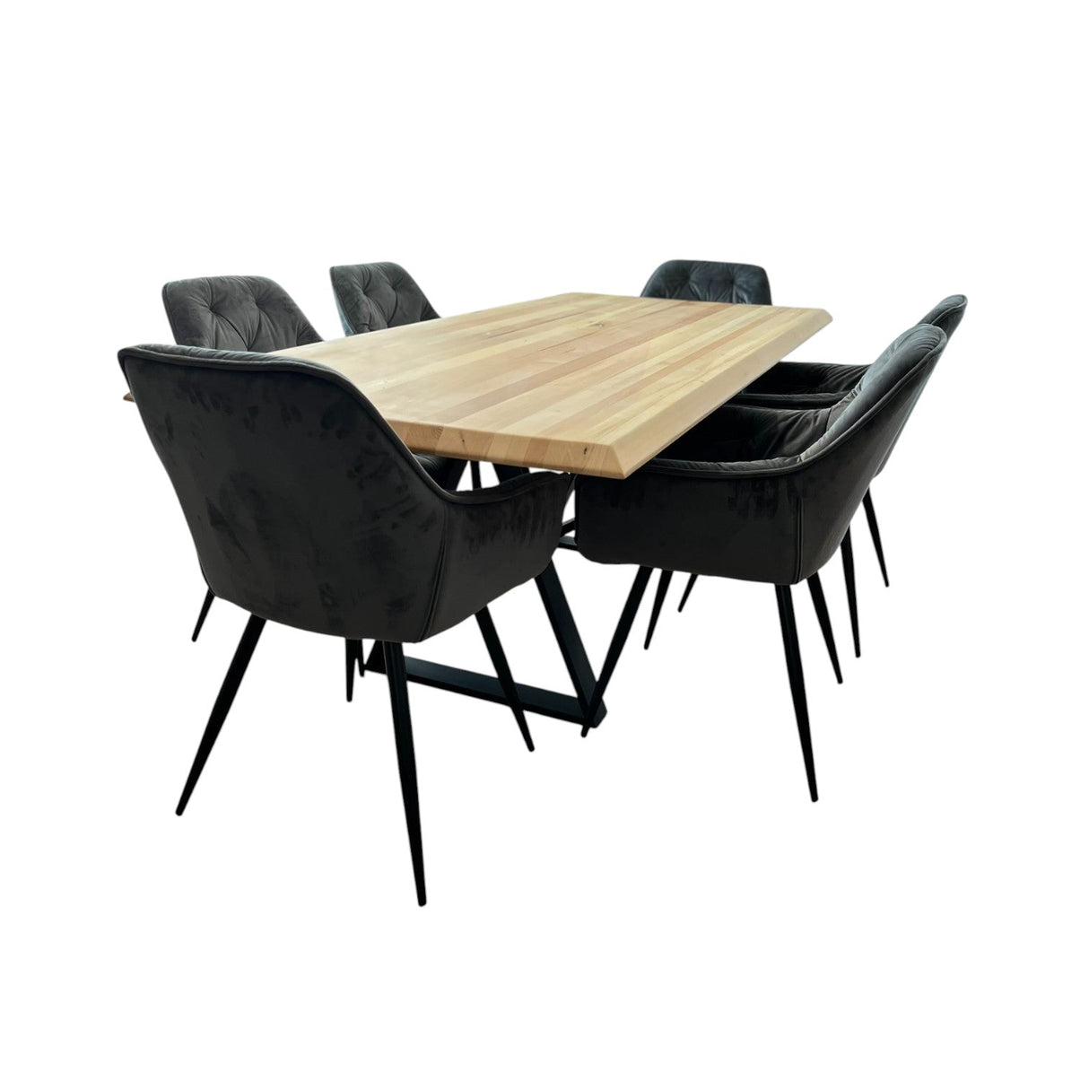 Set masa cu scaune bucatarie, dining,living, sufragerie, blat din lemn masiv cu picioare metalice moderne,scaune gri, 6 persoane, set Bianca - BUZ.RO