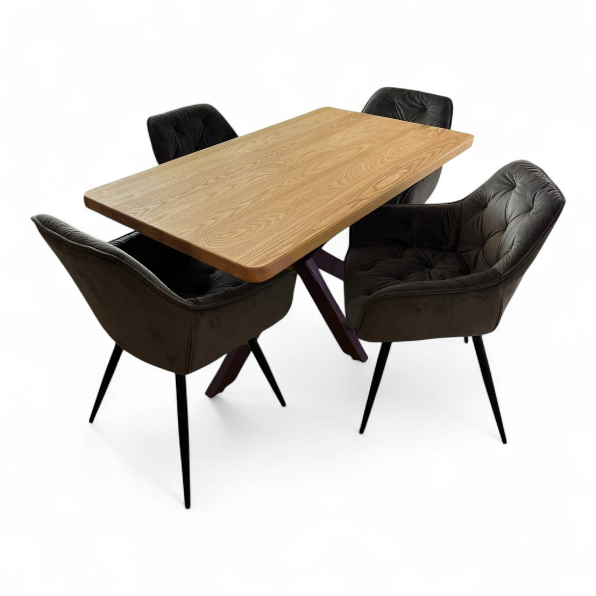 Set masa cu scaune bucatarie, dining,living, sufragerie, blat din lemn masiv cu picioare metalice, scaune husa gri, 4 - 6 persoane, Olivia - BUZ.RO