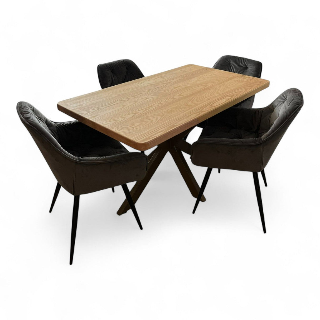 Set masa cu scaune bucatarie, dining,living, sufragerie, blat din lemn masiv cu picioare metalice, scaune husa gri, 4 - 6 persoane, Olivia - BUZ.RO