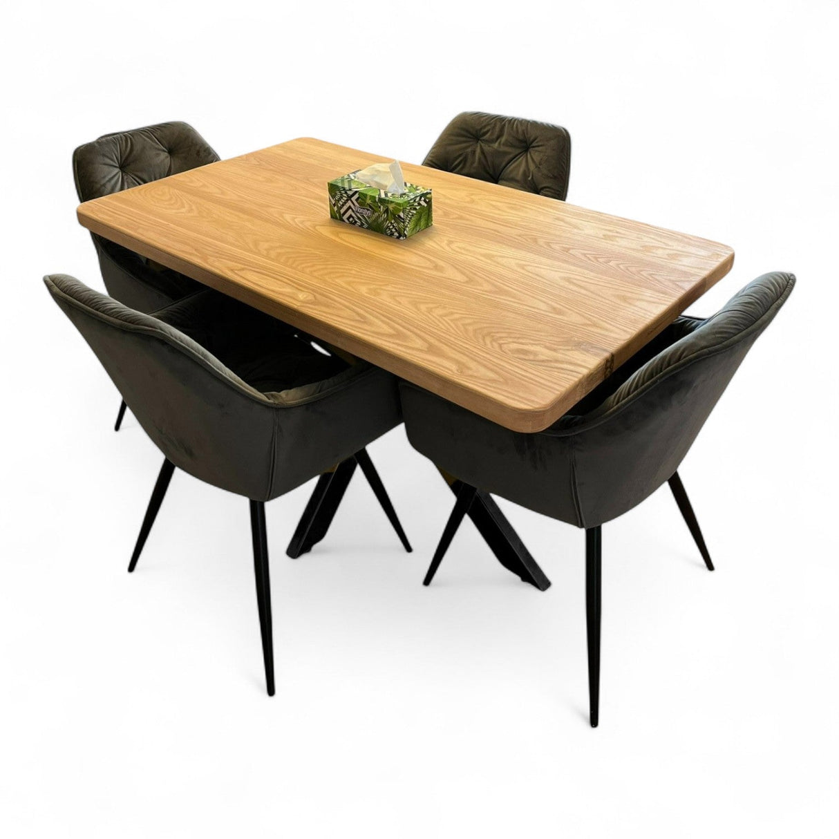 Set masa cu scaune bucatarie, dining,living, sufragerie, blat din lemn masiv cu picioare metalice, scaune husa gri, 4 - 6 persoane, Olivia - BUZ.RO