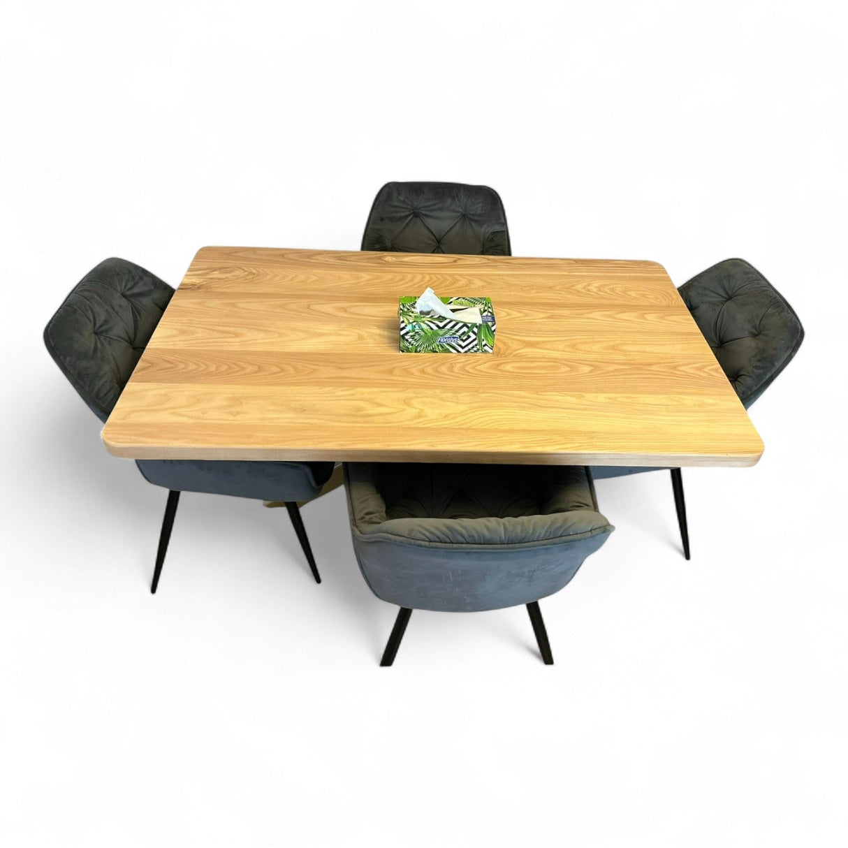 Set masa cu scaune bucatarie, dining,living, sufragerie, blat din lemn masiv cu picioare metalice, scaune husa gri, 4 - 6 persoane, Olivia - BUZ.RO