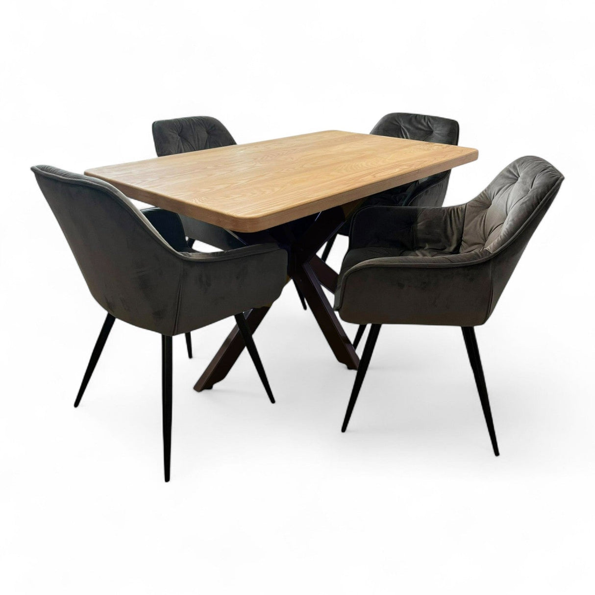 Set masa cu scaune bucatarie, dining,living, sufragerie, blat din lemn masiv cu picioare metalice, scaune husa gri, 4 - 6 persoane, Olivia - BUZ.RO