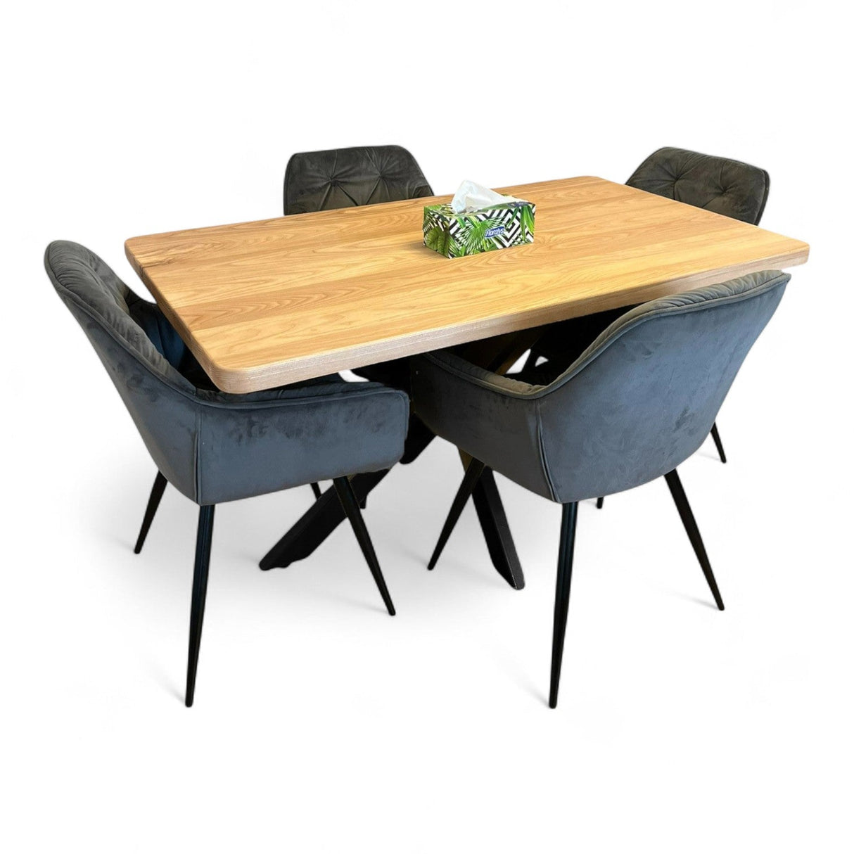 Set masa cu scaune bucatarie, dining,living, sufragerie, blat din lemn masiv cu picioare metalice, scaune husa gri, 4 - 6 persoane, Olivia - BUZ.RO