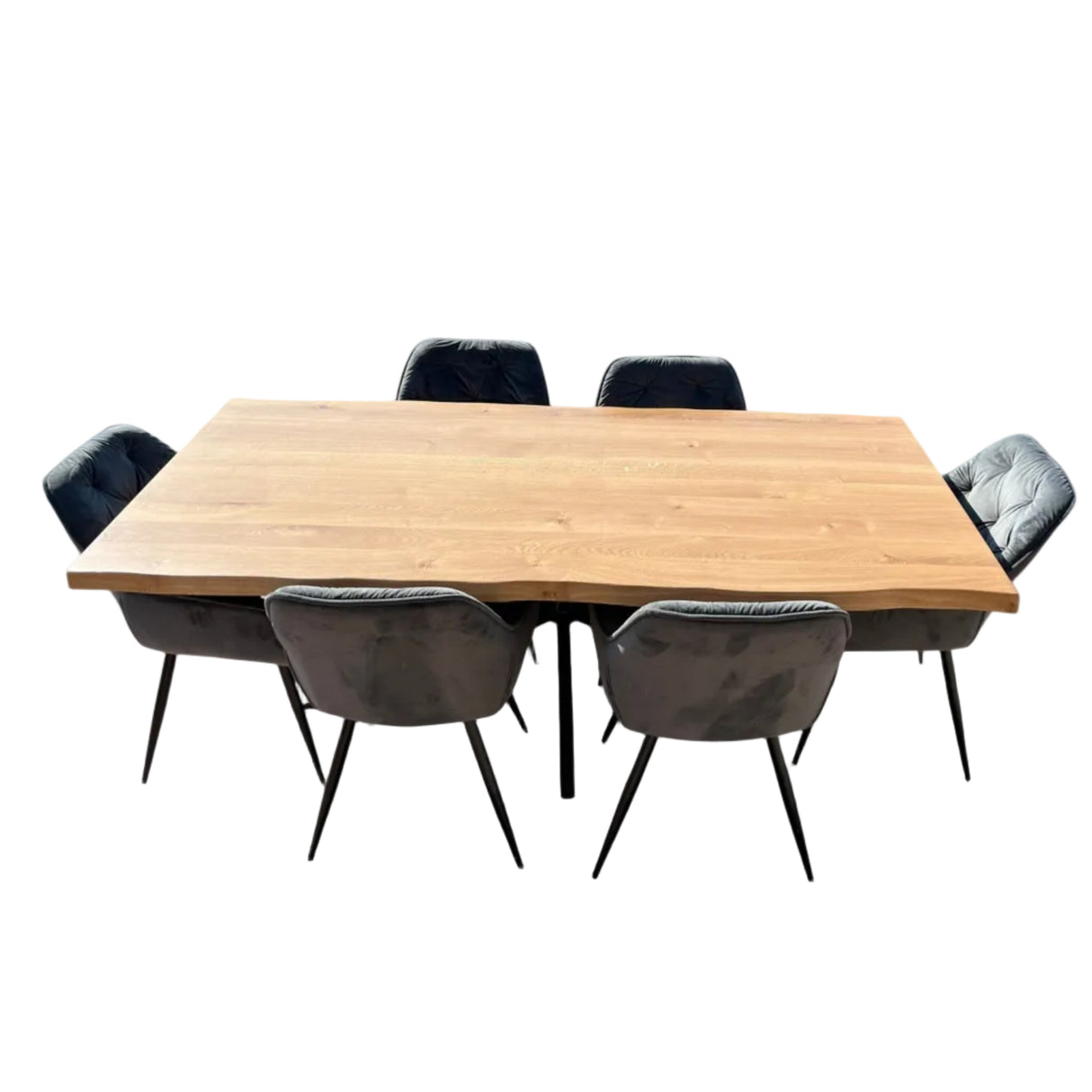 Set masa cu scaune bucatarie|dining|living|sufragerie|blat din lemn|stejar| picioare metalice|scaune husa catifea gri|6 persoane - BUZ.RO