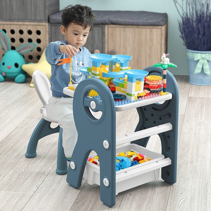 Set masa si scaun, interactiva 2in1 cu tabla de scris si masa lego si cos de depozitare, pentru copii, cu 3 carioci si jucarii lego incluse, multifunctionala, roz blue - BUZ.RO