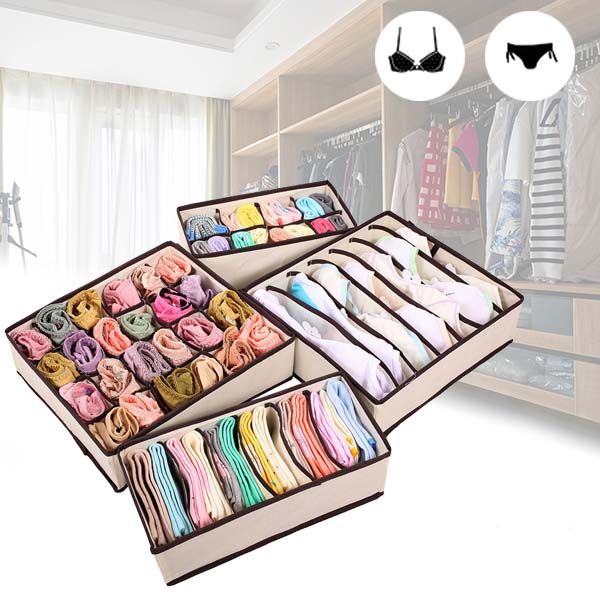 Set organizatoare si cutie depozitare pentru lenjerie, sosete, 4 piese , 38 compartimente PP, crem