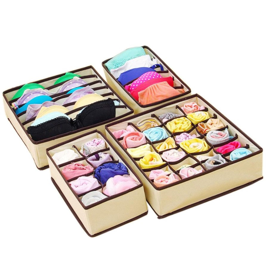Set organizatoare si cutie depozitare pentru lenjerie, sosete, 4 piese , 38 compartimente PP, crem