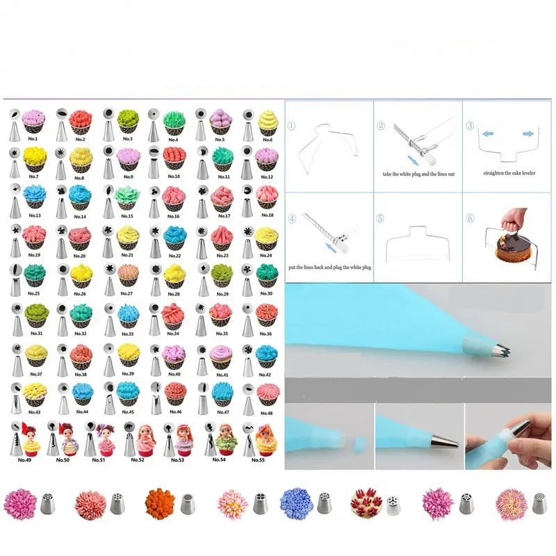 Set patiserie, 137 piese, sabloane, decorare torturi, decorare prajituri, platou rotativ - BUZ.RO