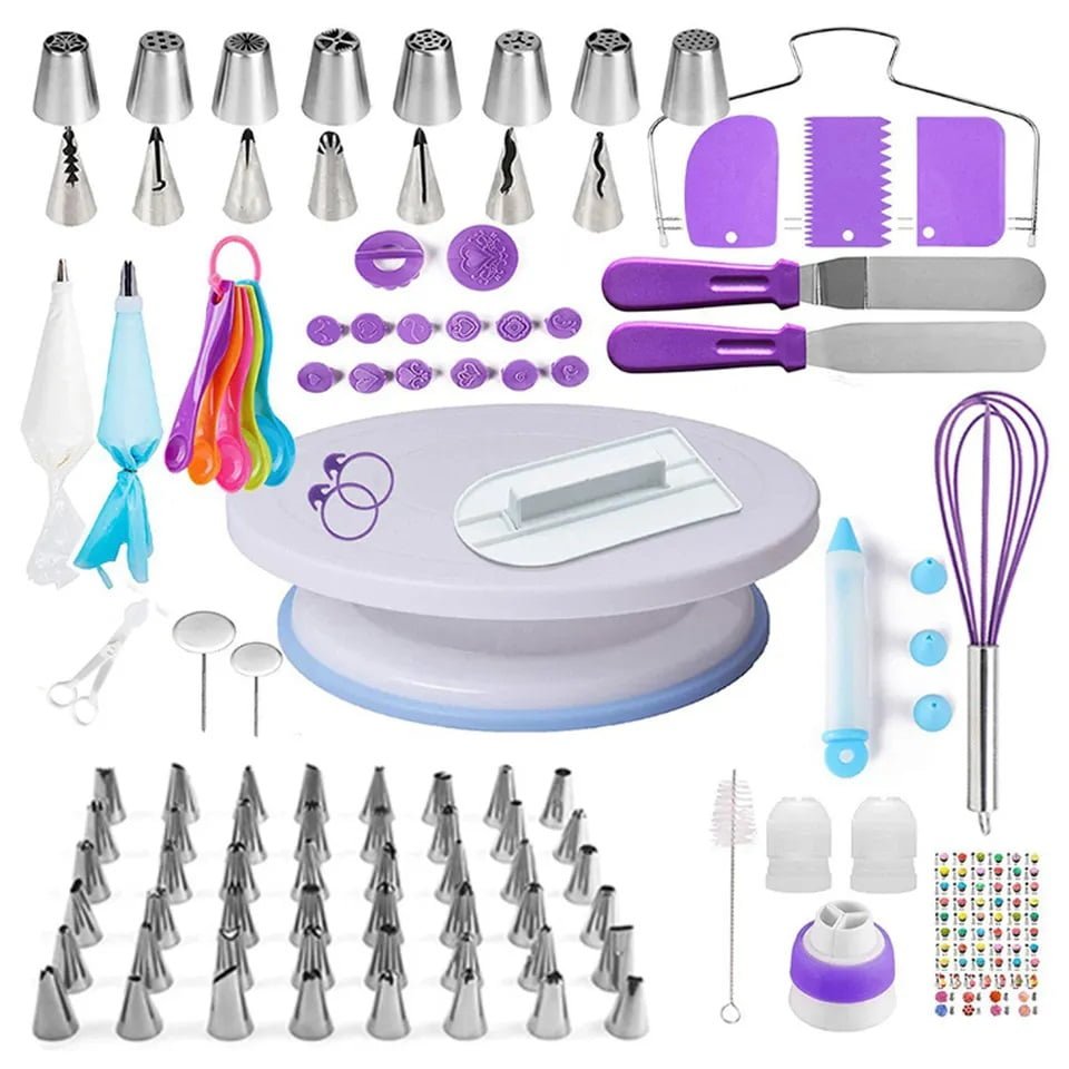 Set patiserie, 137 piese, sabloane, decorare torturi, decorare prajituri, platou rotativ - BUZ.RO