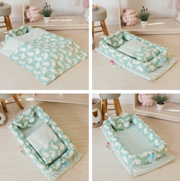Set patut portabil, bebe baby nest cu lenjerie, perna, bumper protectie anti-alunecare, verde cu iepuri gri