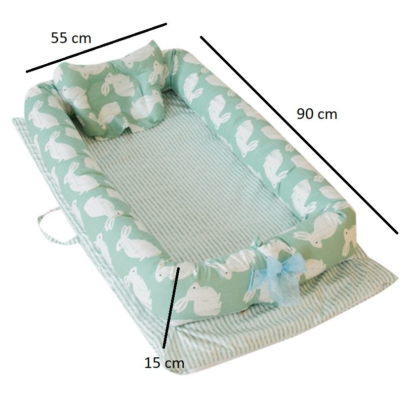 Set patut portabil, bebe baby nest cu lenjerie, perna, bumper protectie anti-alunecare, verde cu iepuri gri
