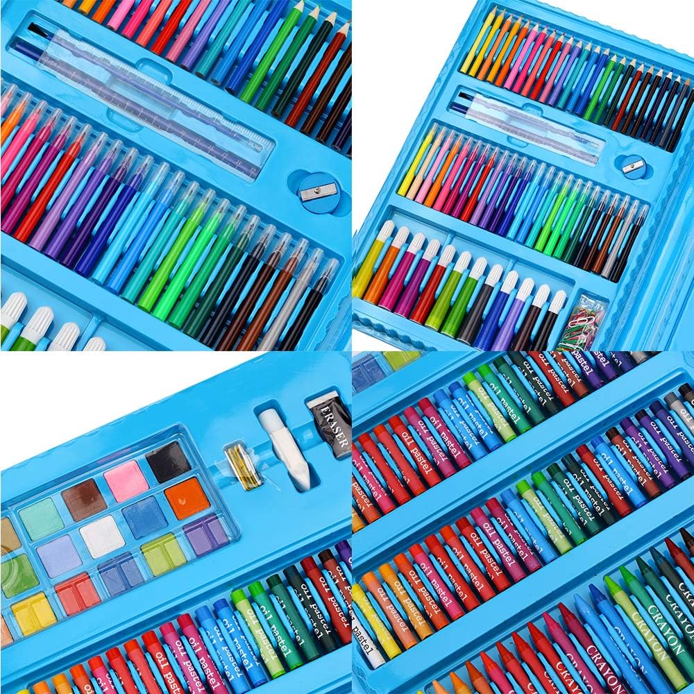 Set trusa desen copii , multicolora , interactiva , creioane , carioci , acuarele ,208 piese albastru - 208 piese - BUZ.RO