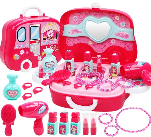Trusa machiaj fetite , trusa frumusete cu oglinda, accesorii bijuterii si uscator, 21 piese