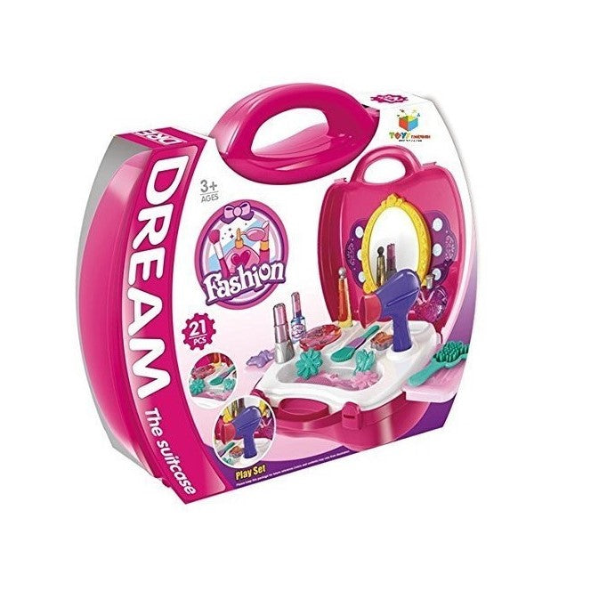 Set trusa geanta infrumusetare cu oglinda, cosmetice de jucarie si accesorii infrumusetare