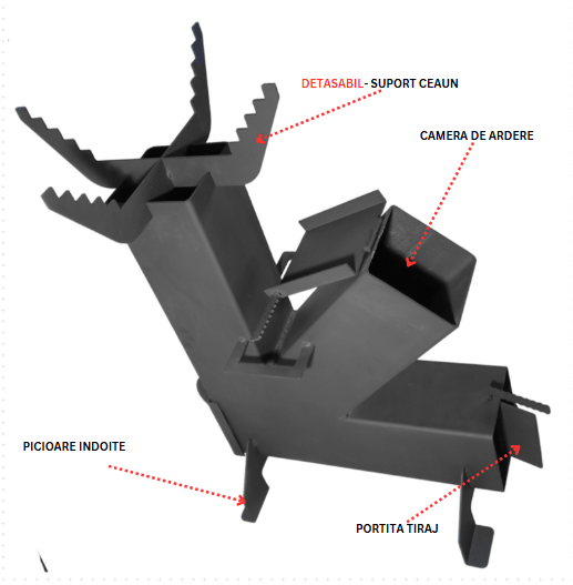 Sobă Rachetă Demontabilă (Tip Pirostrie) pentru Ceaun și Disc – Oțel 4mm, Plită 8mm, H 80cm - BUZ.RO