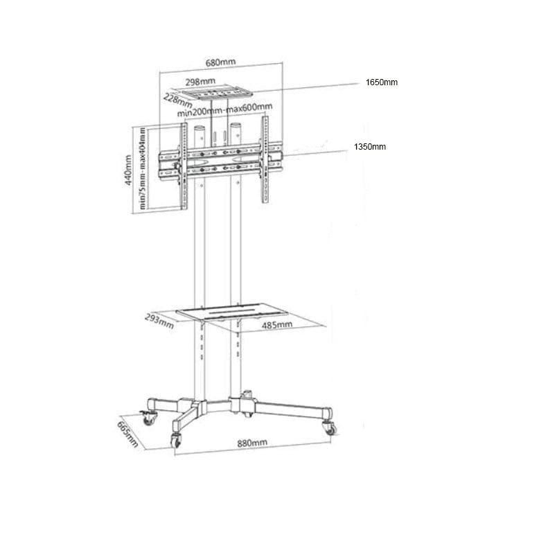 Stand mobil de televizor cu roti pivotante la 360 grade, raft inferior de sustinere laptop, greutate suportata maxim 50 kilograme,metal rezistent, negru