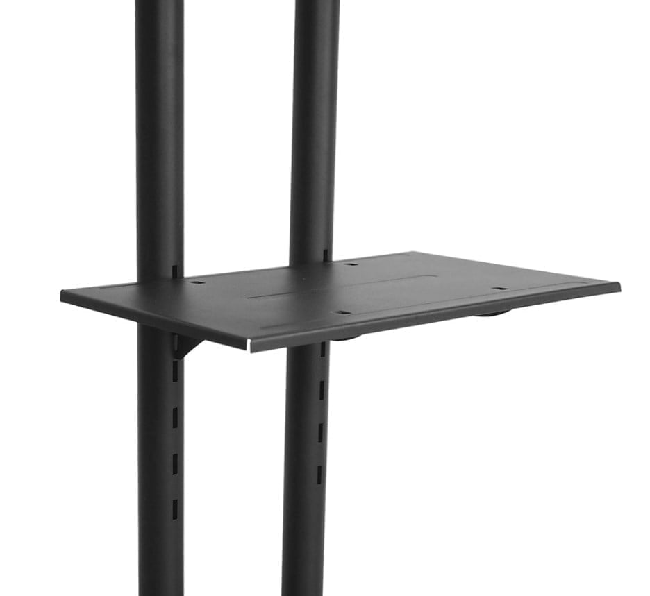 Stand mobil de televizor cu roti pivotante la 360 grade, raft inferior de sustinere laptop, greutate suportata maxim 50 kilograme,metal rezistent, negru