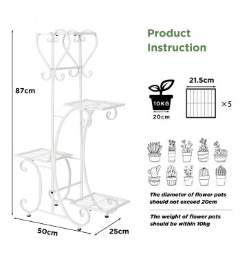 Suport flori metalic, suport plante cu ghiveci,
4 etajere separate, 87X50X25 cm, culoare alba