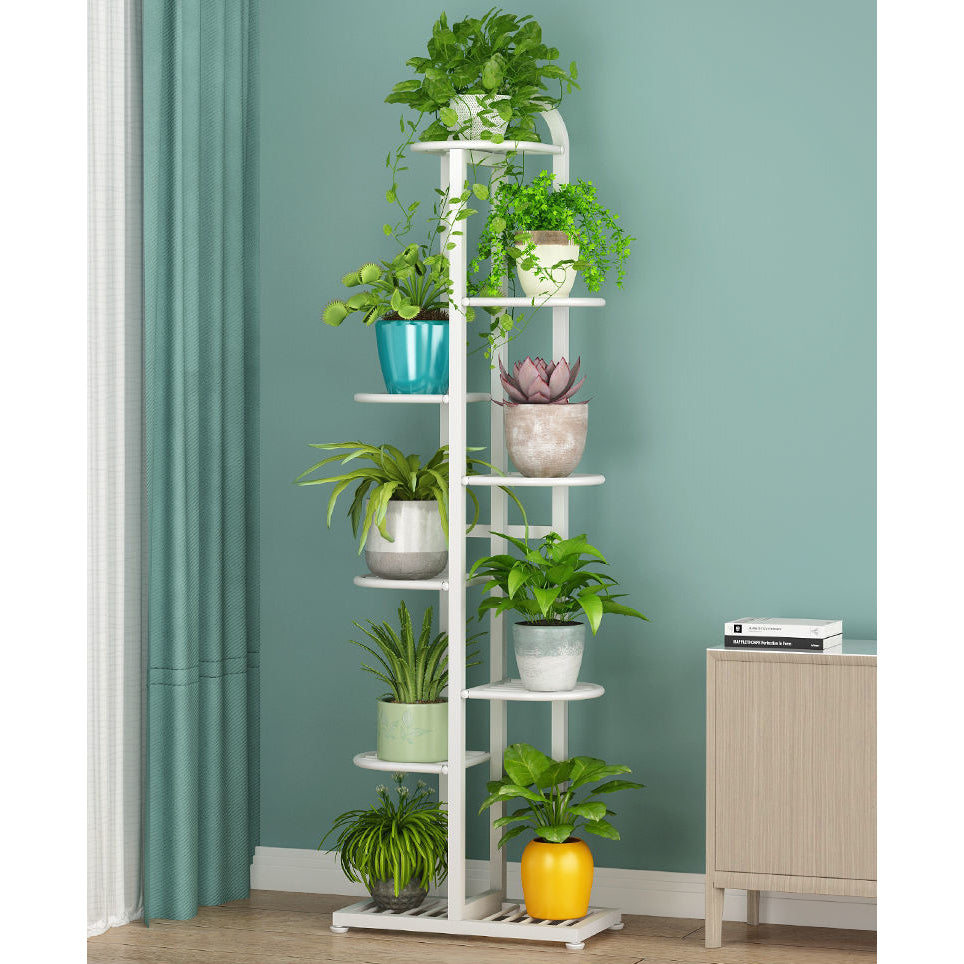 Suport flori metalic alb cu 7 etajere – Suport plante cu ghiveci, design elegant, 125x44.5x22 cm