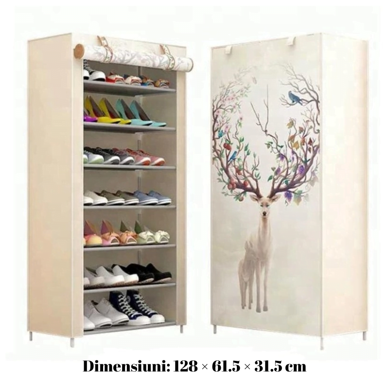 Suport pantofi 20 perechi 7 rafturi, cadru otel, invelis textil, 128x61.5x31.5, cerb - BUZ.RO