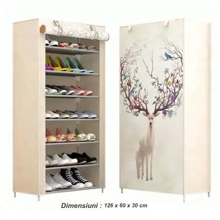 Suport pantofi 20 perechi 7 rafturi, cadru otel, invelis textil, 128x61.5x31.5, cerb - BUZ.RO
