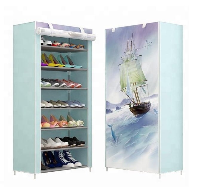 Suport pantofi, incaltaminte, dulap modern, 21 perechi, 7 rafturi, cadru otel, invelis textil, albastru cu barca - BUZ.RO