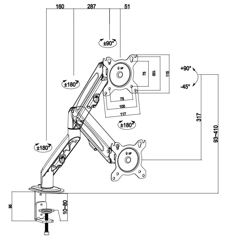 Suport monitor, suport tv, birou, reglabil, tripla articulatie, 360°, din aluminiu si otel 17-32 inch, alb