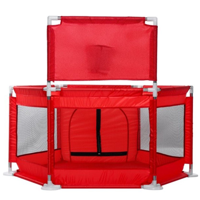 Tarc copii, hexagonal, interior, exterior, cos basket inclus, pereti pentru siguranta, rosu, 125x112x65 cm - BUZ.RO