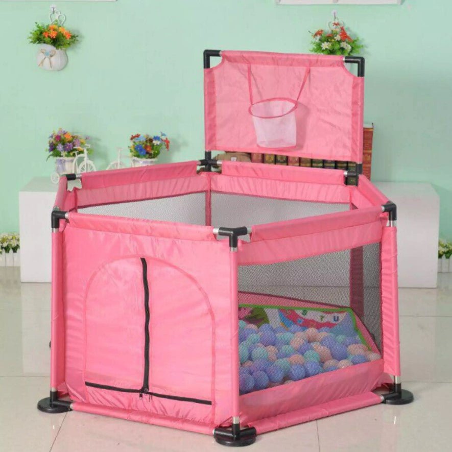 Tarc pentru copii hexagonal, pentru interior/exterior, cu cos de baschet, 30 bile incluse, roz, 125x112x65 cm, buz - BUZ.RO