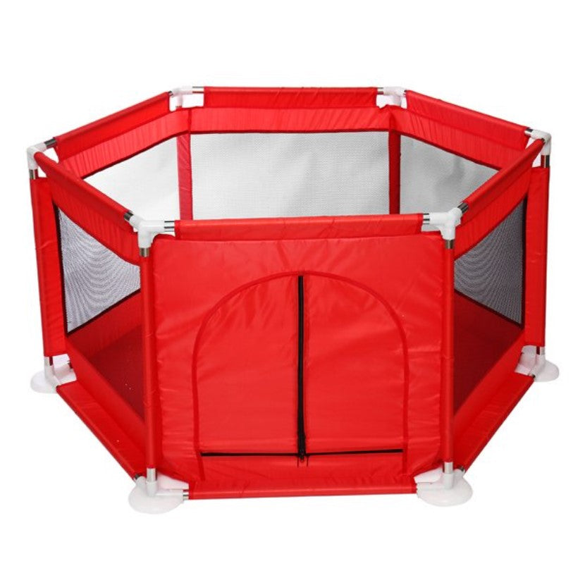 Tarc copii, hexagonal, interior, exterior, cos basket inclus, pereti pentru siguranta, rosu, 125x112x65 cm