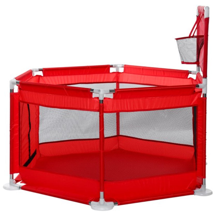 Tarc copii, hexagonal, interior, exterior, cos basket inclus, pereti pentru siguranta, rosu, 125x112x65 cm