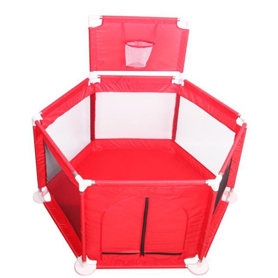 Tarc copii, hexagonal, interior, exterior, cos basket inclus, pereti pentru siguranta, rosu, 125x112x65 cm