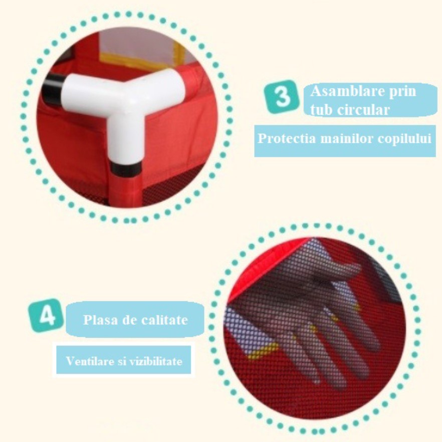 Tarc copii, hexagonal, interior, exterior, cos basket inclus, pereti pentru siguranta, rosu, 125x112x65 cm
