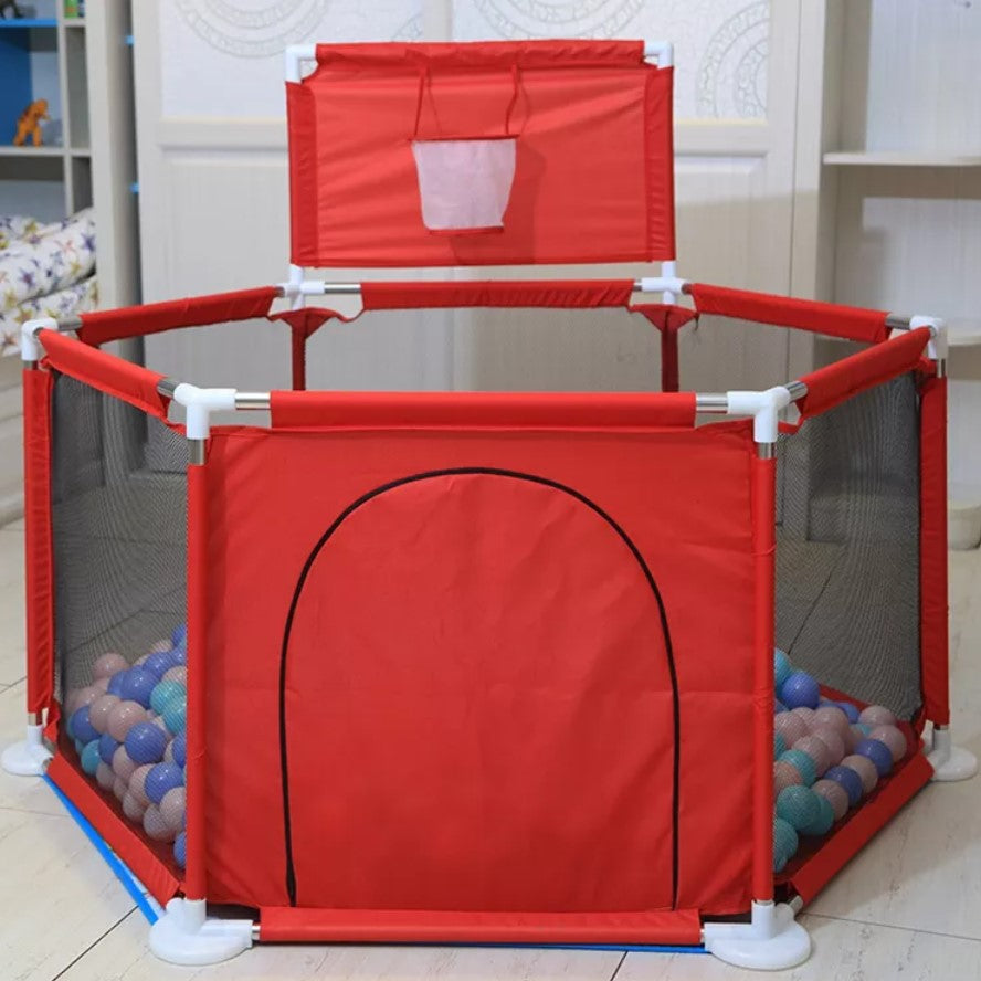 Tarc copii, hexagonal, interior, exterior, cos basket inclus, pereti pentru siguranta, rosu, 125x112x65 cm