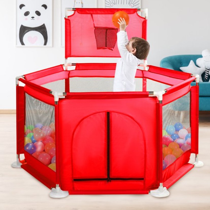 Tarc copii, hexagonal, interior, exterior, cos basket inclus, pereti pentru siguranta, rosu, 125x112x65 cm