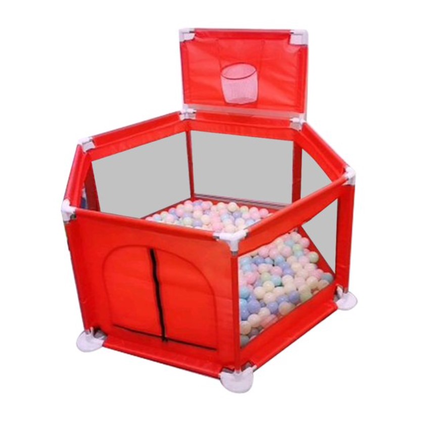 Tarc copii, hexagonal, interior, exterior, cos basket inclus, pereti pentru siguranta, rosu, 125x112x65 cm