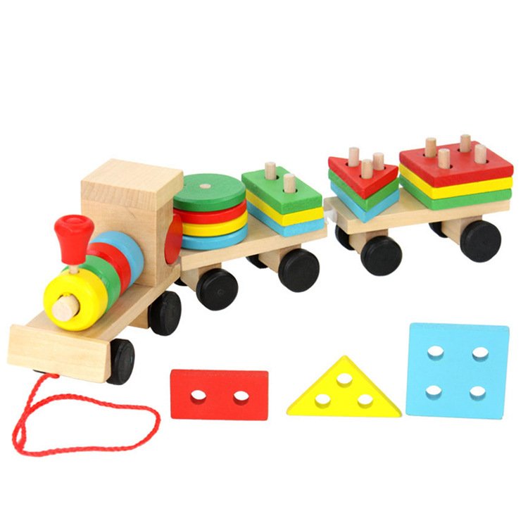 Trenulet lemn, jucarie educativa copii, Montessori, forme geometrice, multicolor, 31x5x8 cm