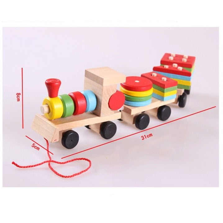 Trenulet lemn, jucarie educativa copii, Montessori, forme geometrice, multicolor, 31x5x8 cm