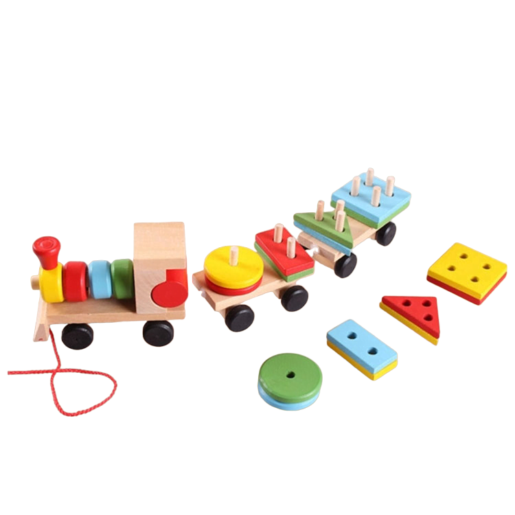 Trenulet lemn, jucarie educativa copii, Montessori, forme geometrice, multicolor, 31x5x8 cm
