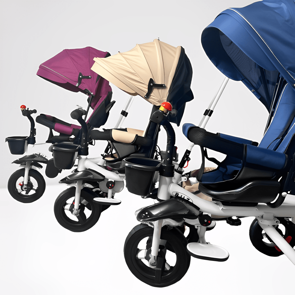 Tricicleta copii, cu copertina, scaun reversibil 360 grade, pozitie de somn, suport picioare, loc depozitare, mov - BUZ.RO