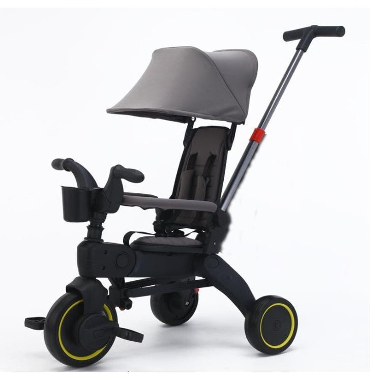 Tricicleta copii, pliabila, pedale, maner control parental reglabil, suport picioare, parasolar reglabil, cos, pedale, centura de siguranta, varsta 6 luni - 5 ani, gri - BUZ.RO