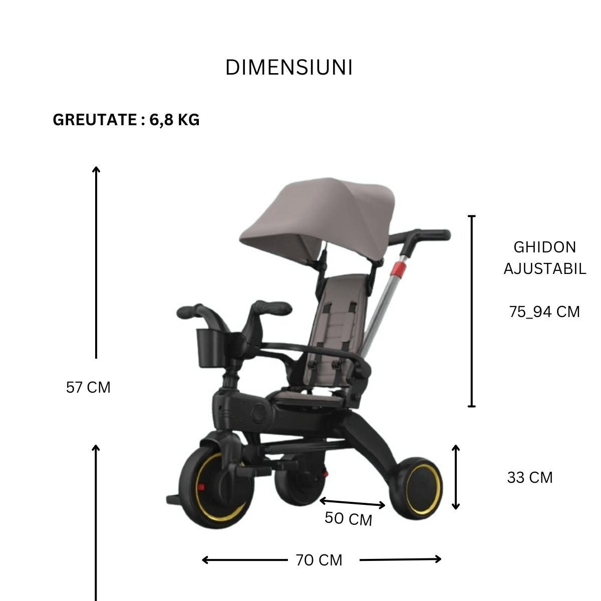 Tricicleta copii, pliabila, pedale, maner control parental reglabil, suport picioare, parasolar reglabil, cos, pedale, centura de siguranta, varsta 6 luni - 5 ani, gri - BUZ.RO