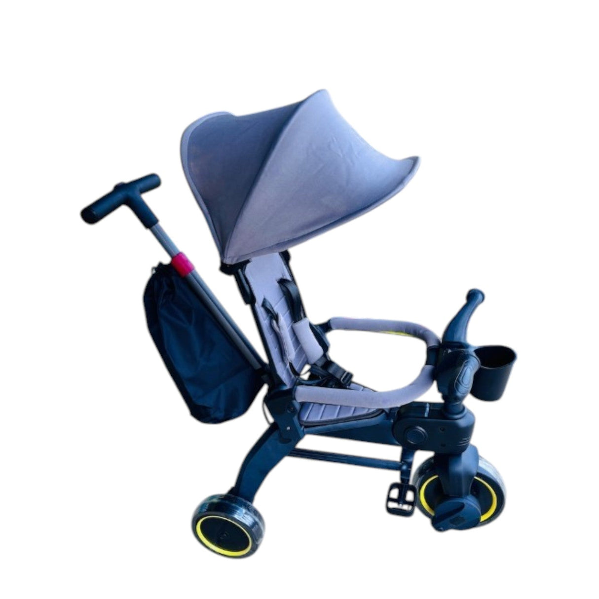 Tricicleta copii, pliabila, pedale, maner control parental reglabil, suport picioare, parasolar reglabil, cos, pedale, centura de siguranta, varsta 6 luni - 5 ani, gri - BUZ.RO