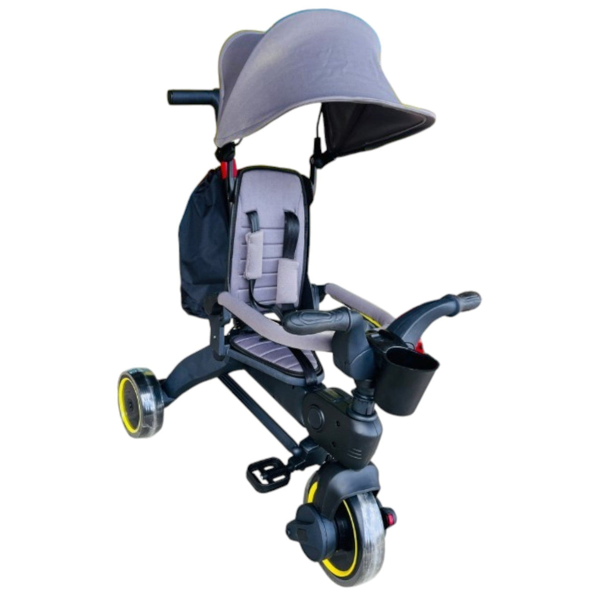 Tricicleta copii, pliabila, pedale, maner control parental reglabil, suport picioare, parasolar reglabil, cos, pedale, centura de siguranta, varsta 6 luni - 5 ani, gri - BUZ.RO