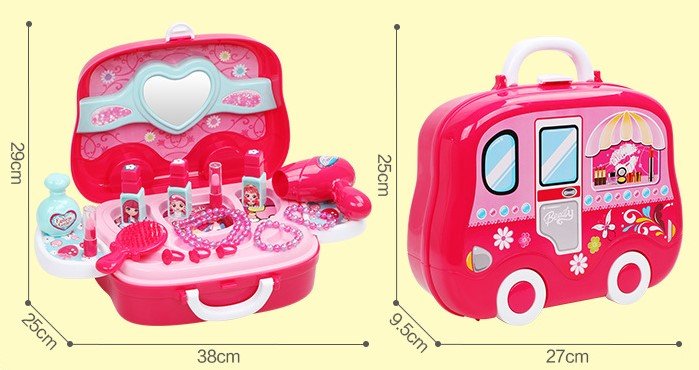 Trusa machiaj fetite , trusa frumusete cu oglinda, accesorii bijuterii si uscator, 21 piese - BUZ.RO