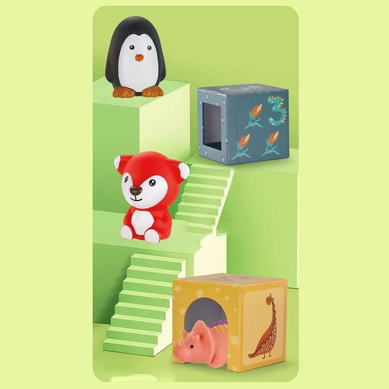 Turn Montessori, 6 cuburi din carton, cuburi stivuibile, cu forme, cifre si animale, 3 ani - BUZ.RO