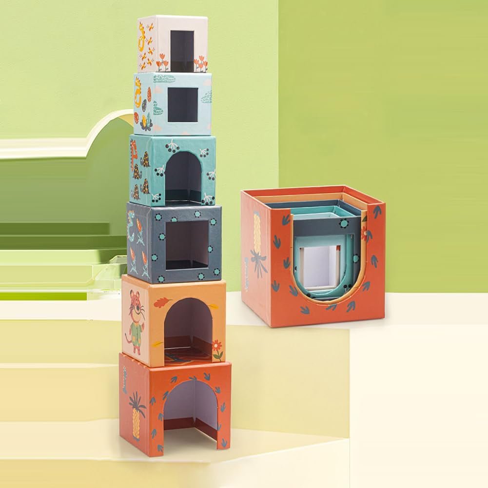 Turn Montessori, 6 cuburi din carton, cuburi stivuibile, cu forme, cifre si animale, 3 ani - BUZ.RO