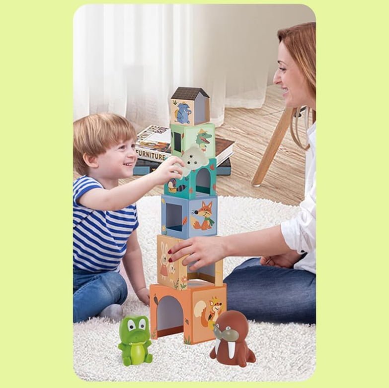 Turn Montessori, 6 cuburi din carton, cuburi stivuibile, cu forme, cifre si animale, 3 ani - BUZ.RO