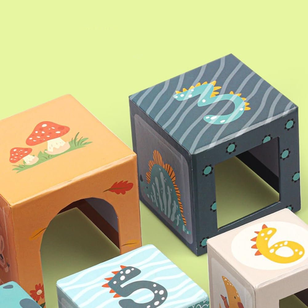 Turn Montessori, 6 cuburi din carton, cuburi stivuibile, cu forme, cifre si animale, 3 ani - BUZ.RO