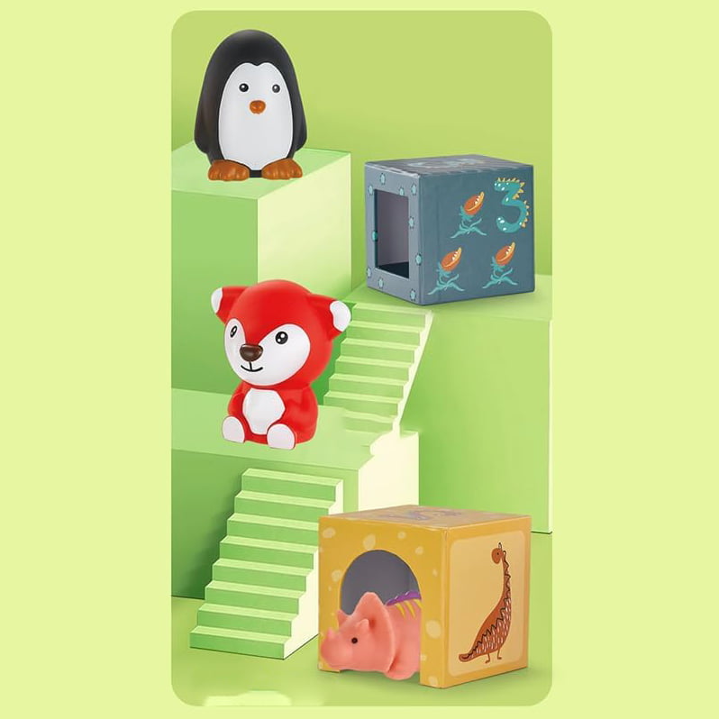 Turn Montessori, 6 cuburi din carton, cuburi stivuibile, cu forme, cifre si animale, 3 ani